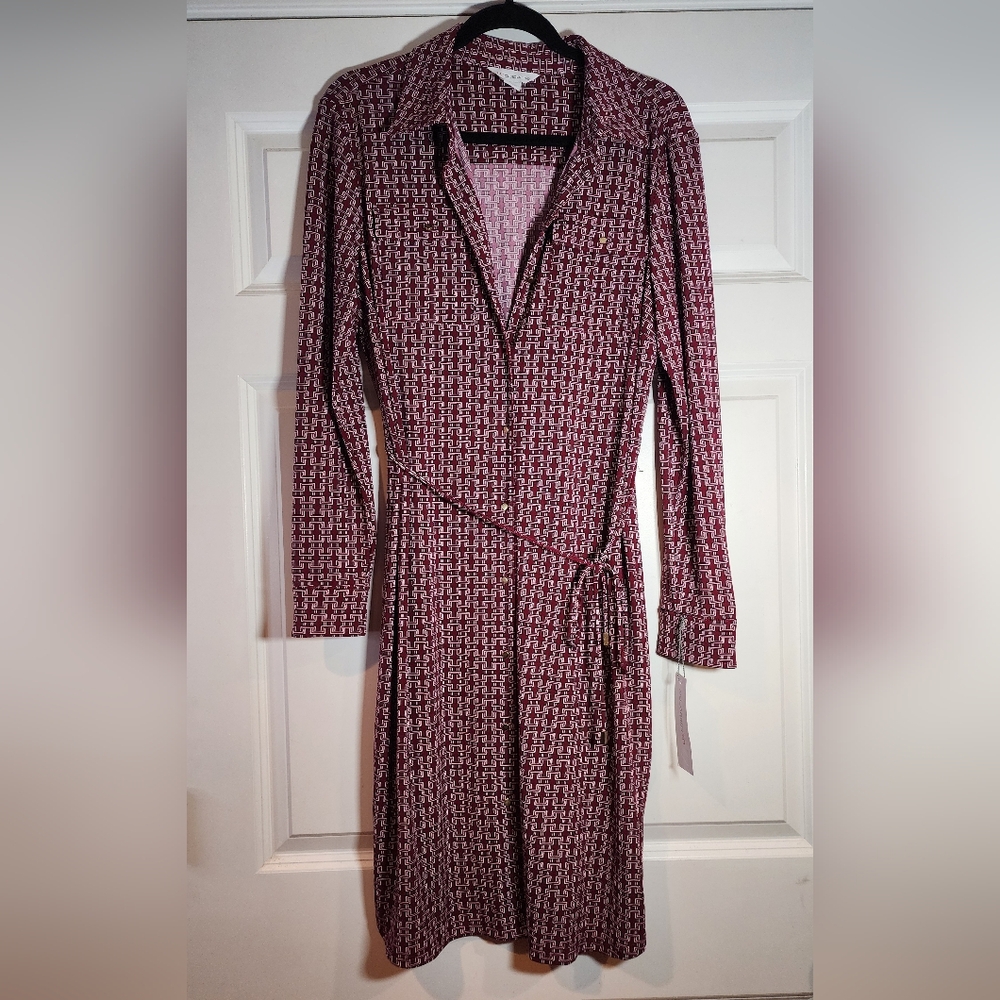 NWT Liz Claiborne Burgundy Geo Button Up Long Sleeve Dress L